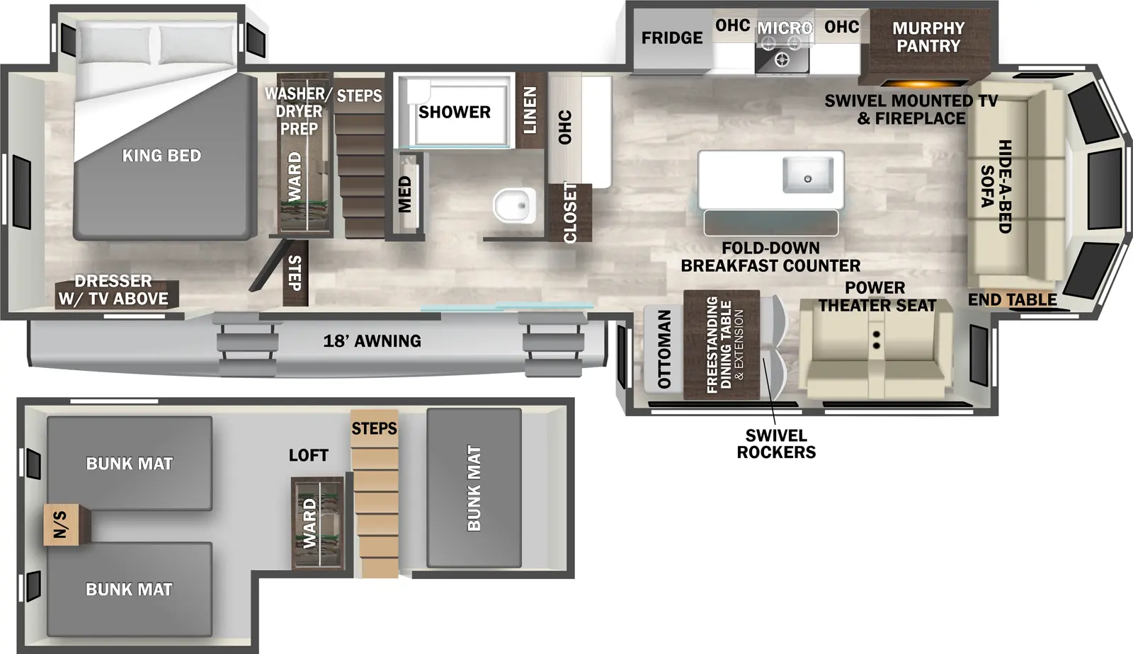 The Cedar Creek Cottage 40CDL has two entries and three slide outs. Exterior features include: fiberglass exterior and 18' awning. Interiors features include: loft, kitchen island, free-standing dinette option, rear bedroom and front living.